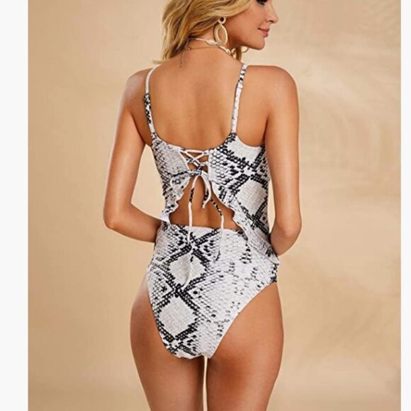 High Waisted Flounce Sexy Tie Front Lace up Retro Bikini, Snakeskin / Small - Picture 5 of 9